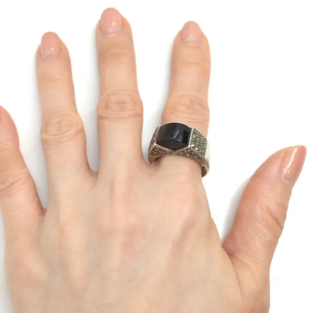 STERLING SILVER RING Black Stone Marcasite Domed Statement Boho Sz 9.25
